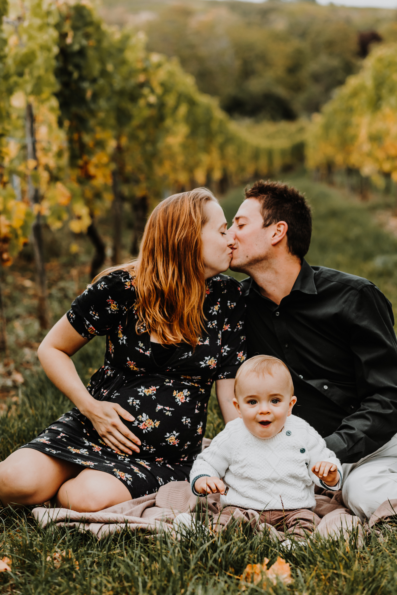 une famille assise dans es vignes joue avec bébé, les parents s'embrassent