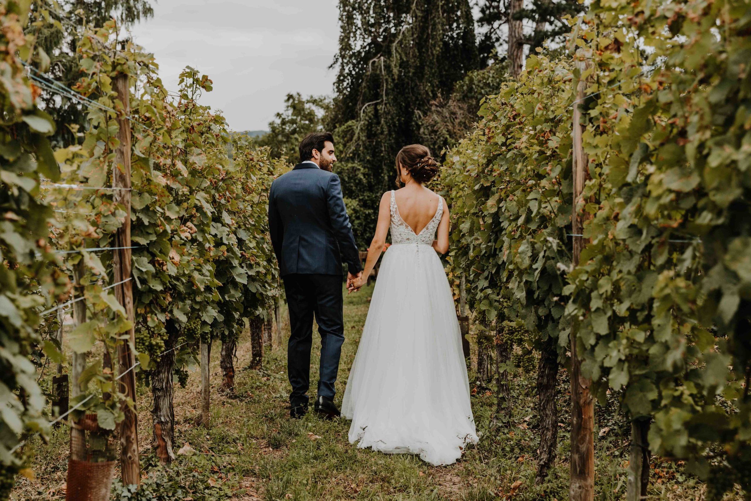 les mariés marchent main dans la main dans les vignes 