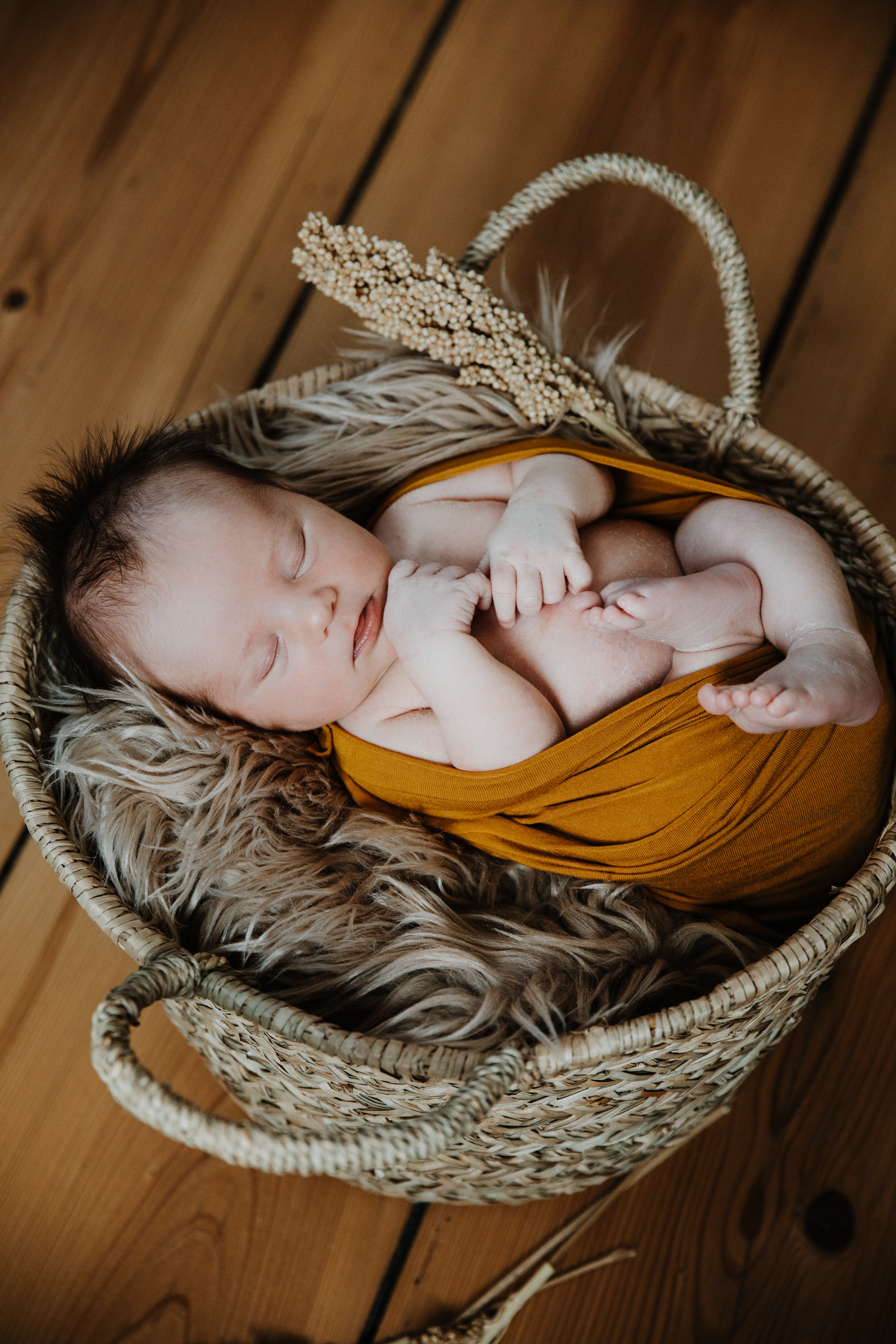 bébé endormi dans un panier en osier